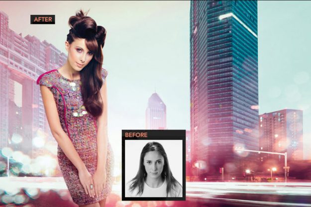 Before and After Hairdreams Volume Long Body Wave Brunette Updo Style