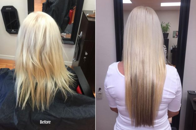 Before and After Keratin and Hair Extensions in Blonde